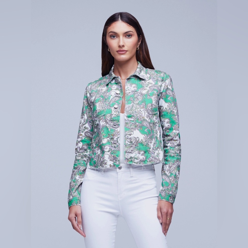 L'AGENCE Women's Janice Paisley Cropped Denim Jacket GRASS GREEN MULTI PAISLEY